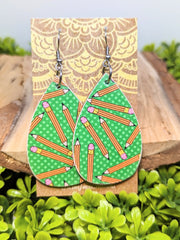 Teacher Green Pencil Wood Tear Drop Earrings